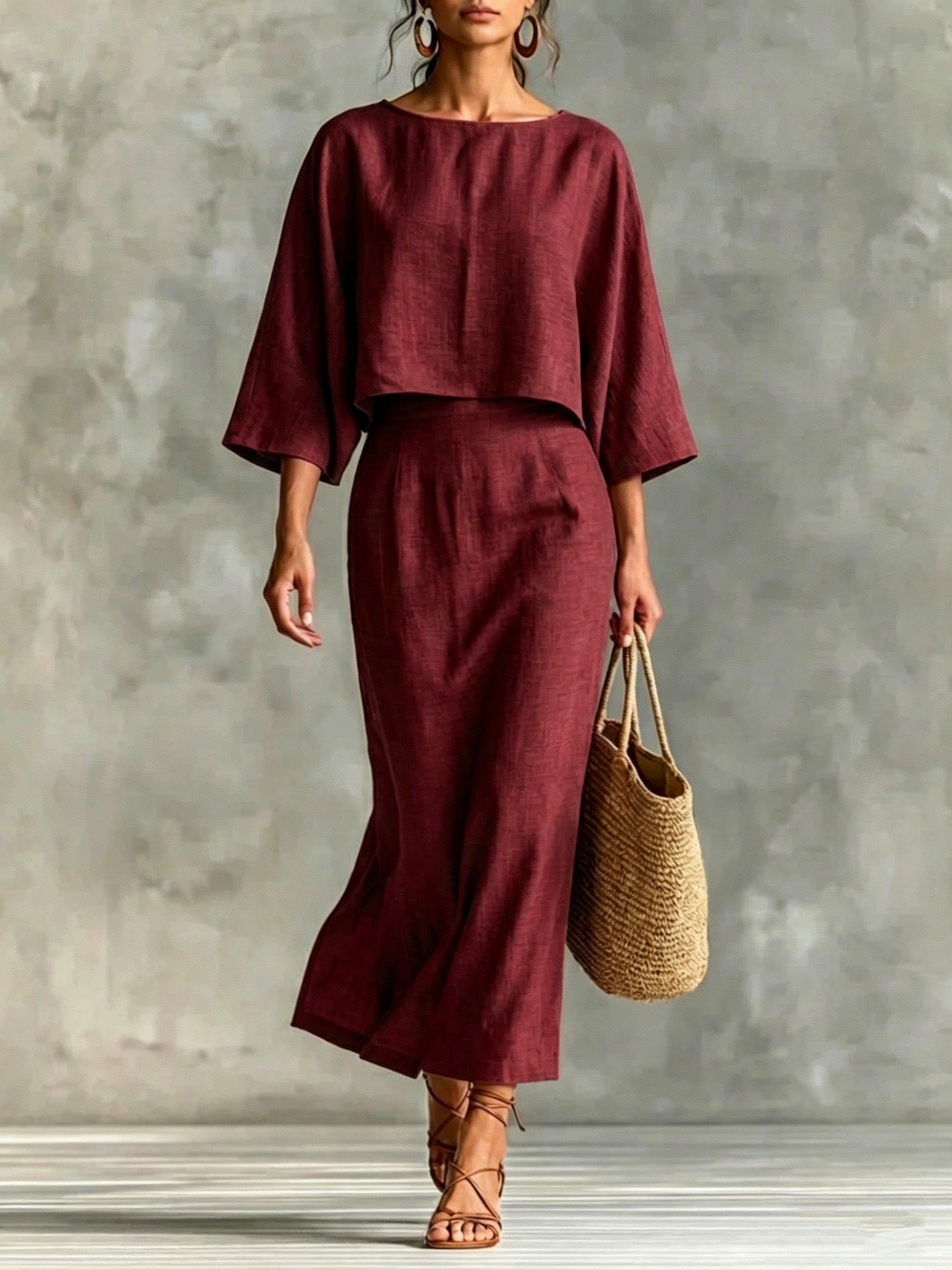 Womens High-Waisted Midi Skirt And Loose Top Set
