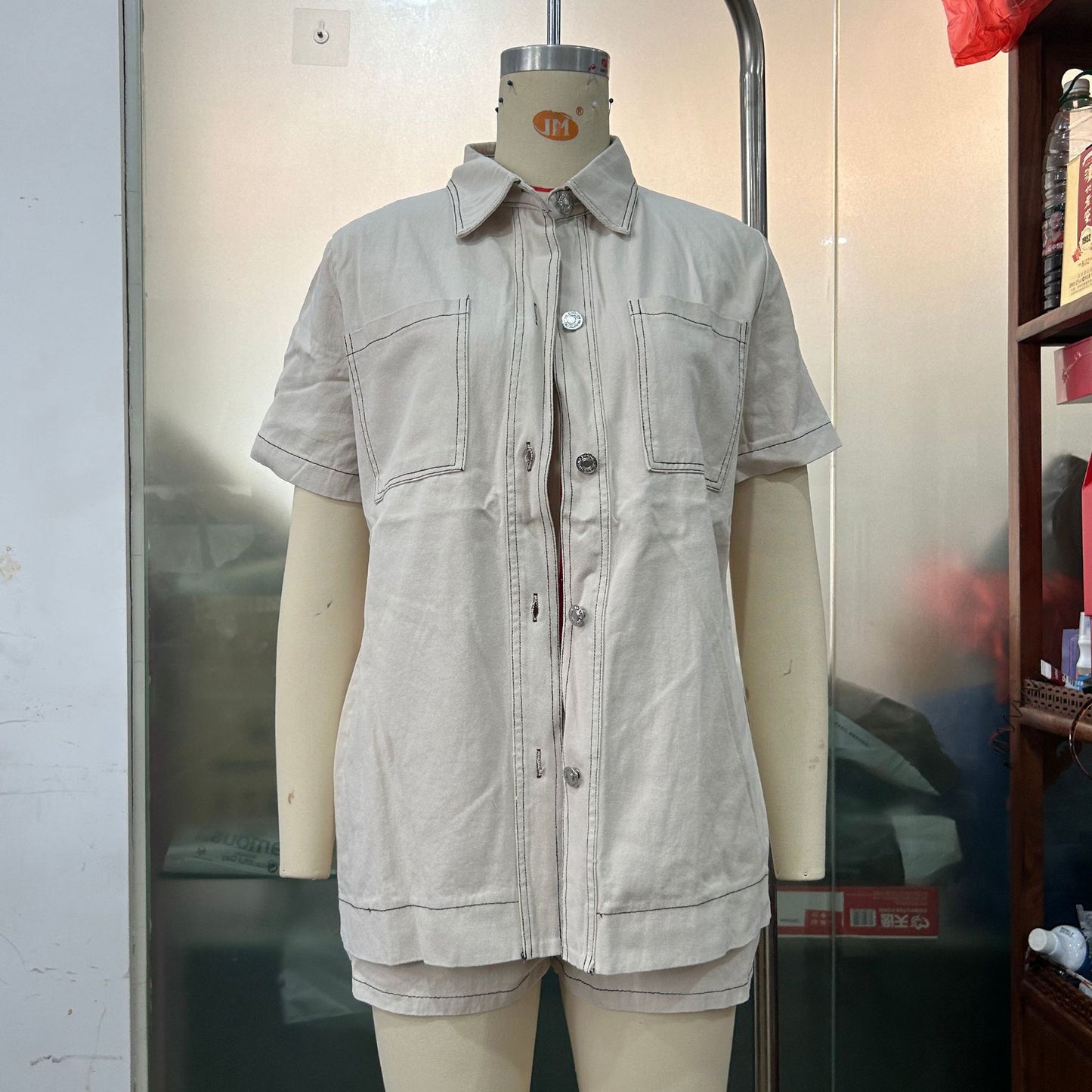 Workwear Long Shirt And Shorts Two-Piece Set
