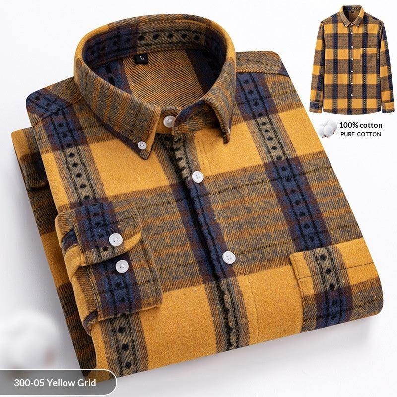 New Fuzzy-Brushed Plaid Mens Shirt Thickened Long-Sleeve Top