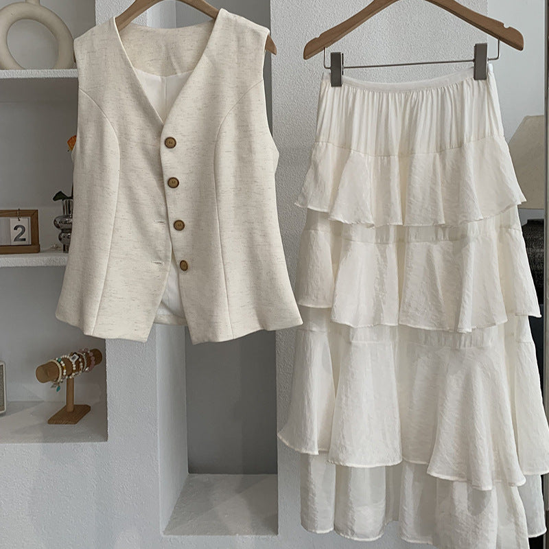 Single-breasted Vest Ruffled Midi Tiered Skirt Two-piece Set