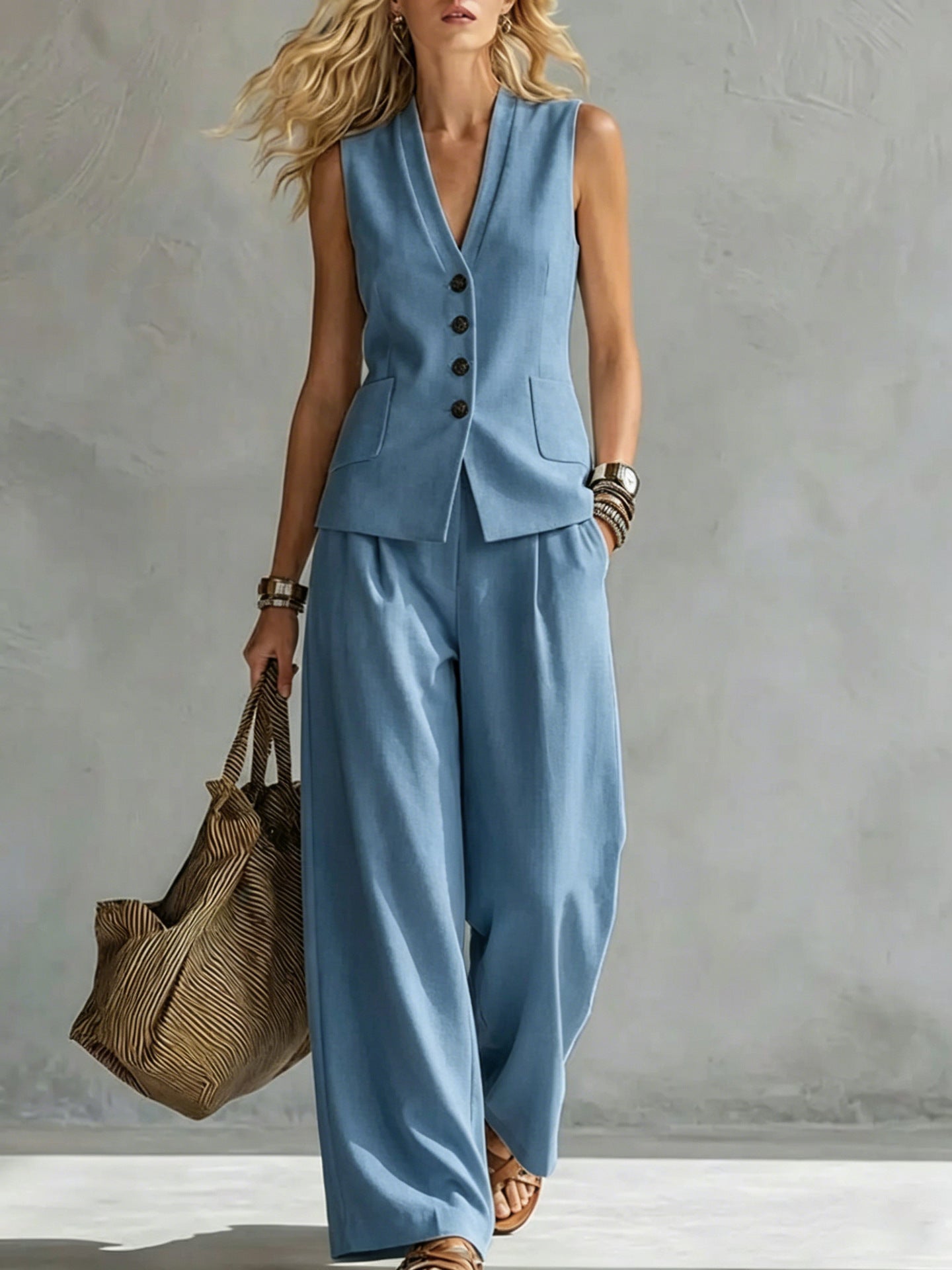 Womens Solid-Colored Sleeveless Casual Linen Tank Top And Pants Set