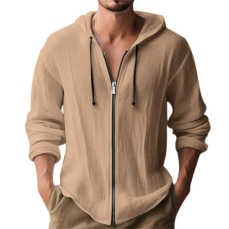 Digital-print Solid-color Linen Hooded Long-sleeve