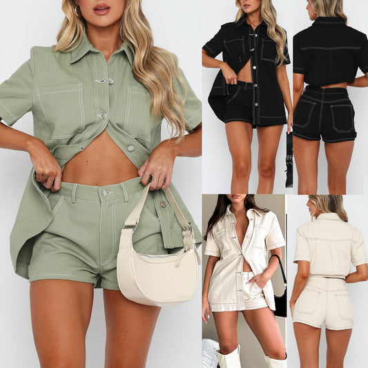 Workwear Long Shirt And Shorts Two-Piece Set