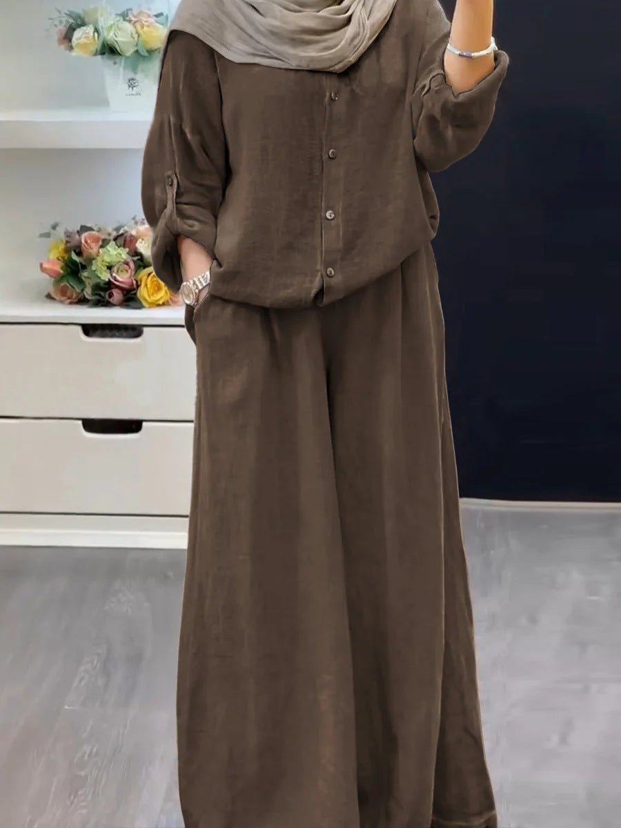 Cotton-linen Solid-color Shirt Set With Loose-fitting Trousers