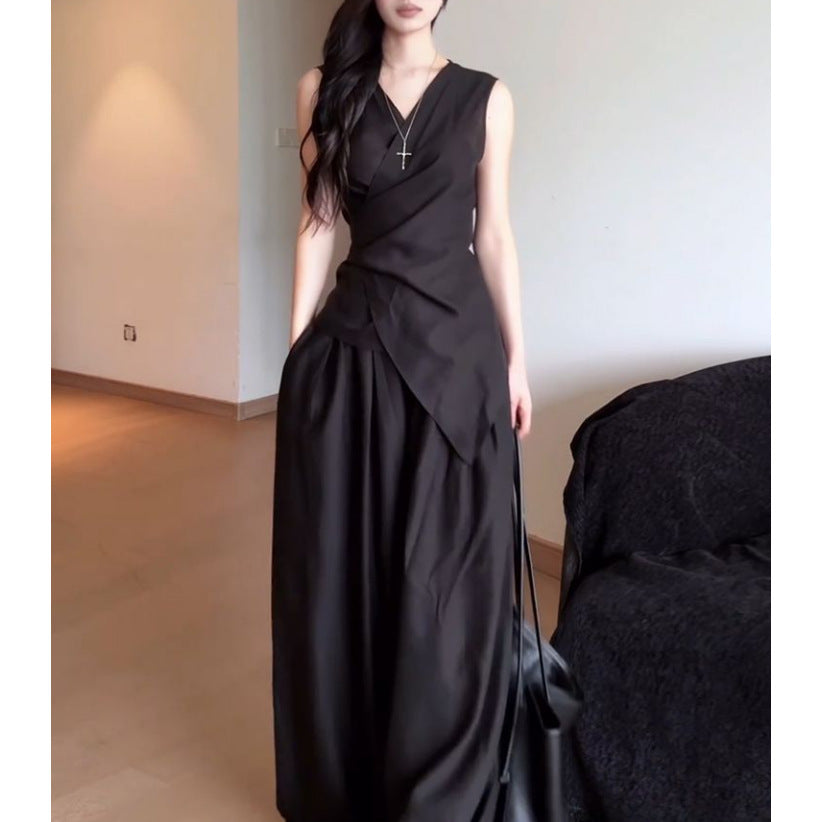 Women's Summer Sleeveless Waist-Cinching Slimming Set With Long Skirt