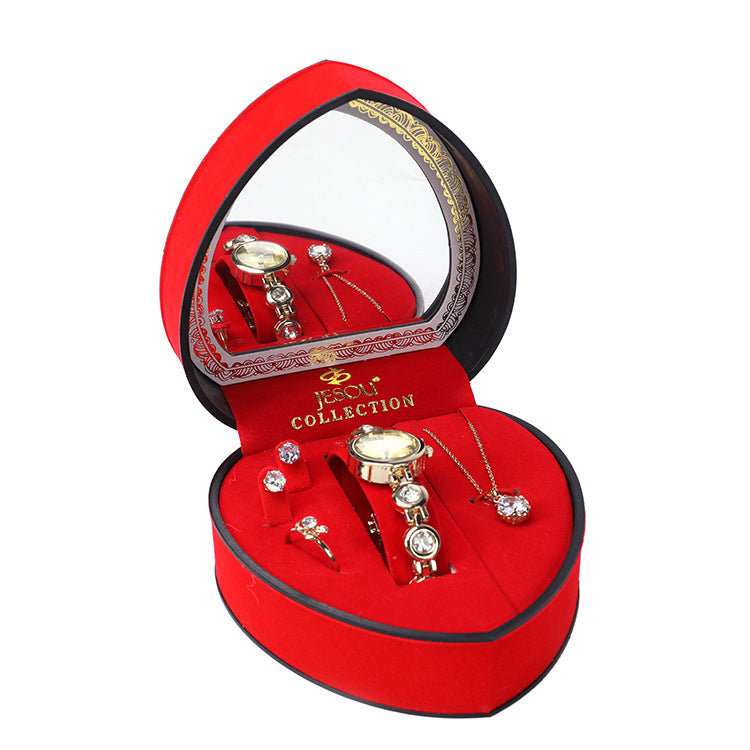 Premium Women’s Gift Box – Elegant Watch, Necklace & Earrings Set in Luxury Heart Case