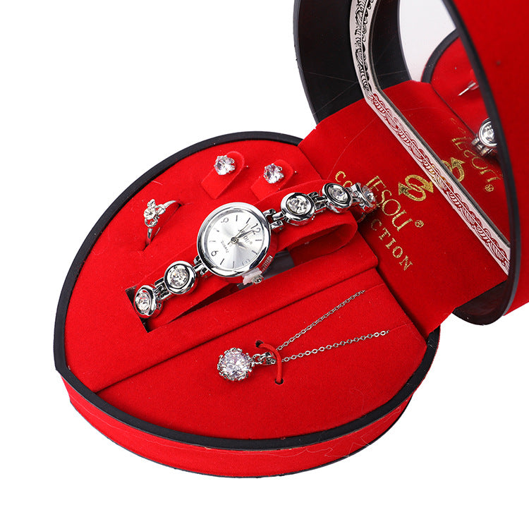 Premium Women’s Gift Box – Elegant Watch, Necklace & Earrings Set in Luxury Heart Case