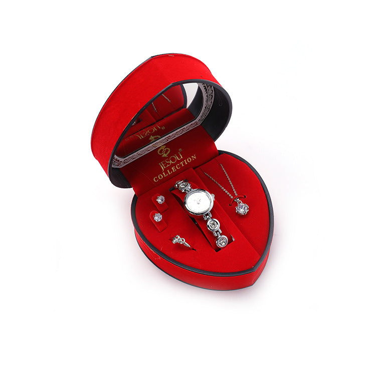 Premium Women’s Gift Box – Elegant Watch, Necklace & Earrings Set in Luxury Heart Case