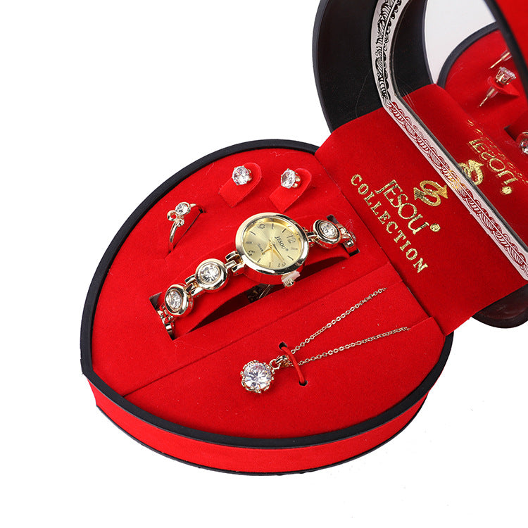 Premium Women’s Gift Box – Elegant Watch, Necklace & Earrings Set in Luxury Heart Case