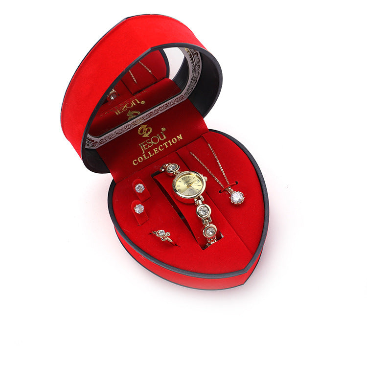 Premium Women’s Gift Box – Elegant Watch, Necklace & Earrings Set in Luxury Heart Case