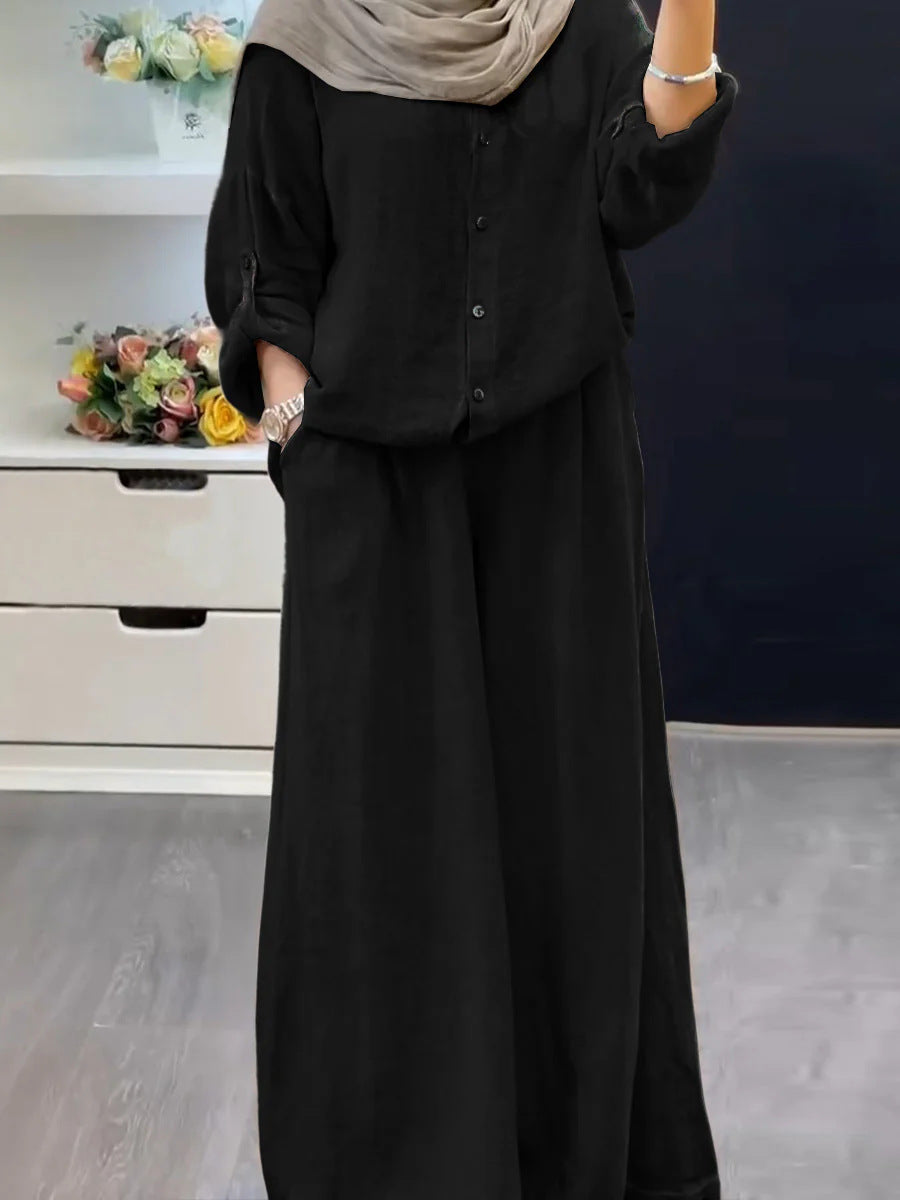 Cotton-linen Solid-color Shirt Set With Loose-fitting Trousers