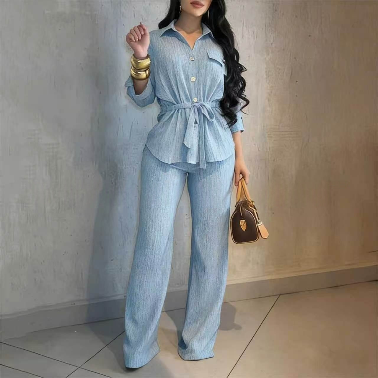 Fashionable Lapel Collar Long-Sleeve Shirt And Pants Set For Women