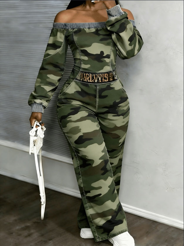 Women's Camouflage Off Shoulder Jumpsuit
