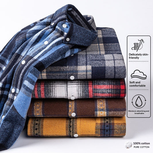 New Fuzzy-Brushed Plaid Mens Shirt Thickened Long-Sleeve Top