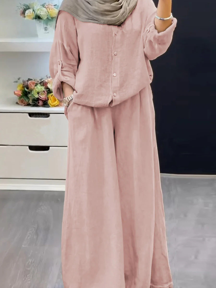 Cotton-linen Solid-color Shirt Set With Loose-fitting Trousers