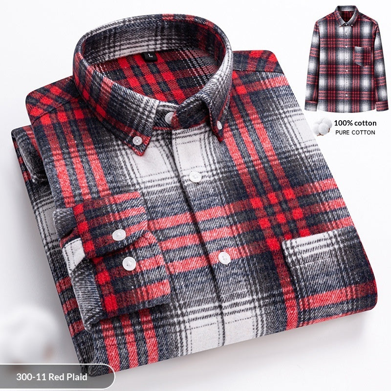 New Fuzzy-Brushed Plaid Mens Shirt Thickened Long-Sleeve Top