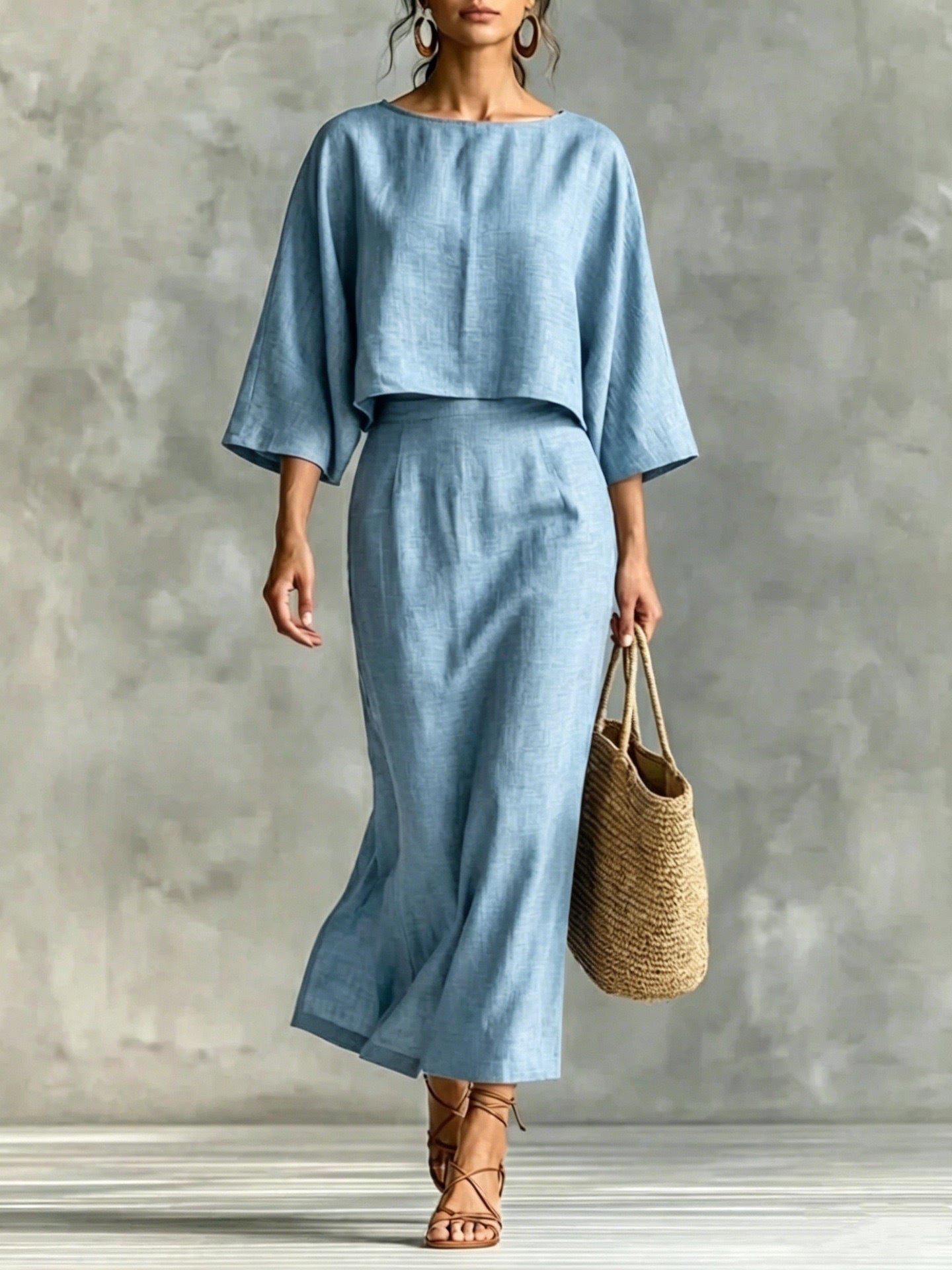 Womens High-Waisted Midi Skirt And Loose Top Set