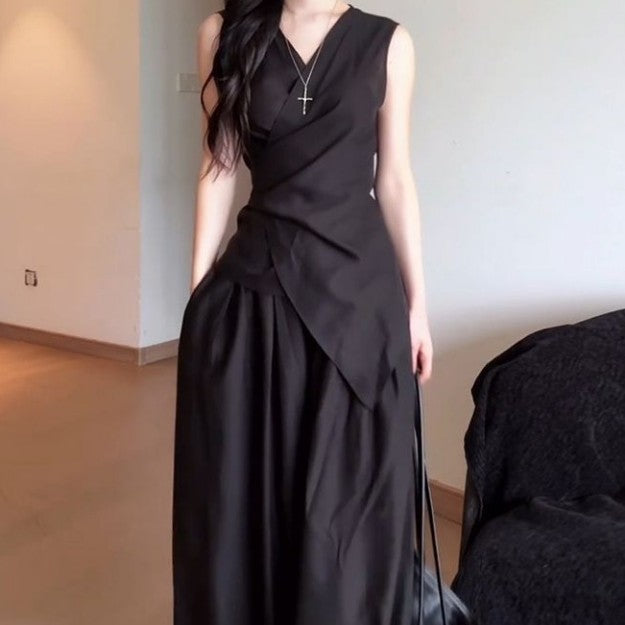 Women's Summer Sleeveless Waist-Cinching Slimming Set With Long Skirt