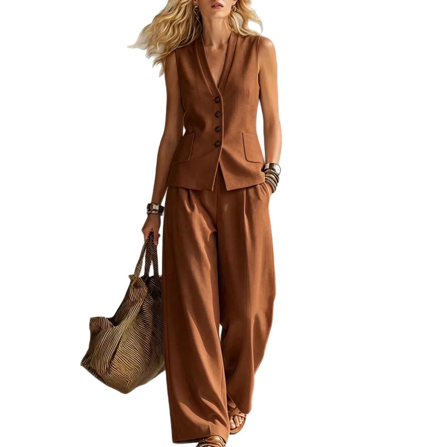 Womens Solid-Colored Sleeveless Casual Linen Tank Top And Pants Set