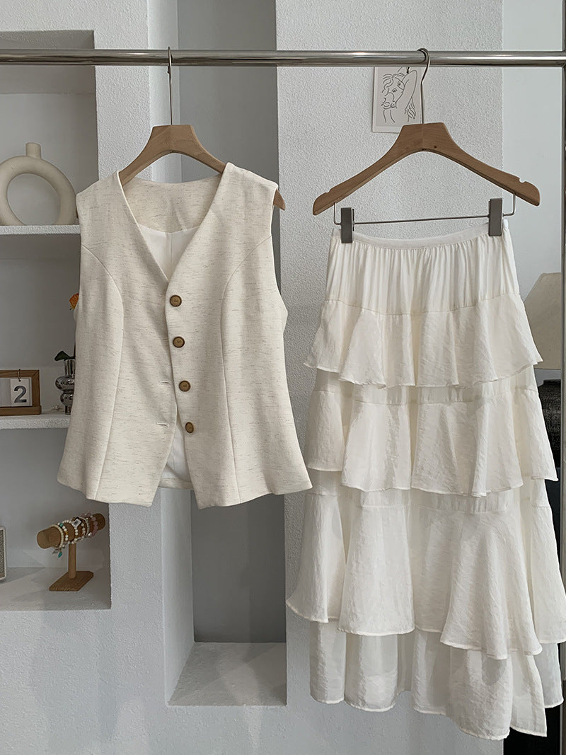 Single-breasted Vest Ruffled Midi Tiered Skirt Two-piece Set