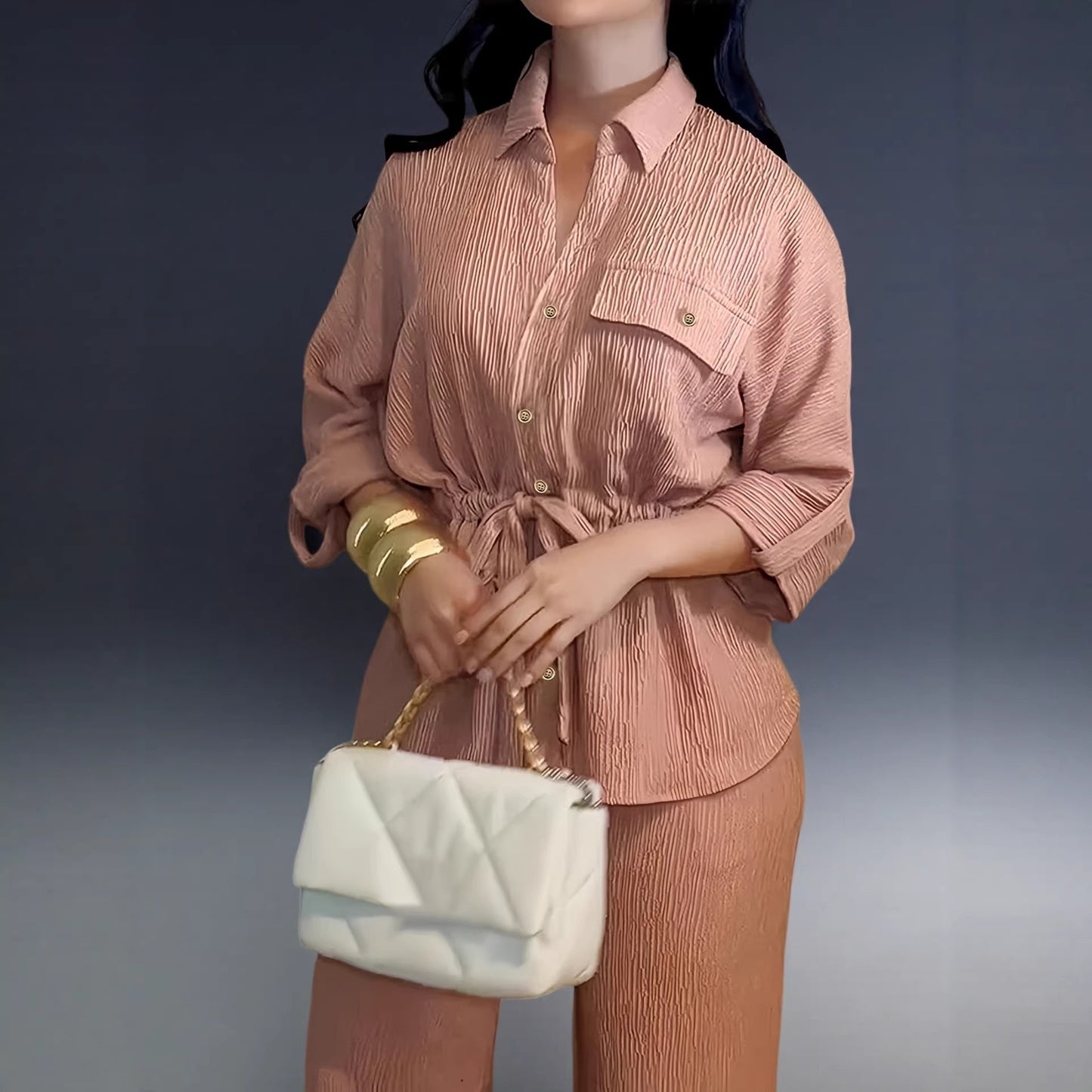 Fashionable Lapel Collar Long-Sleeve Shirt And Pants Set For Women