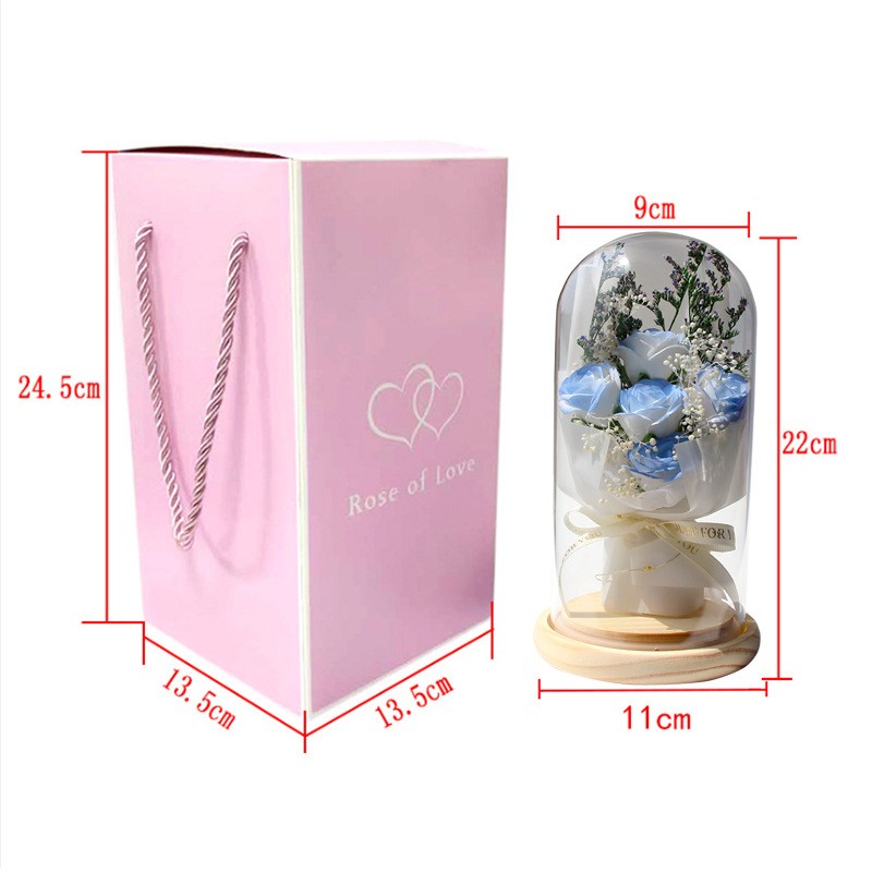 Artificial Rose Dried Flowers Gypsophila Babysbreath Bouquet Glass Cover Ornaments LED Small Night Lamp Valentine's Day Gift