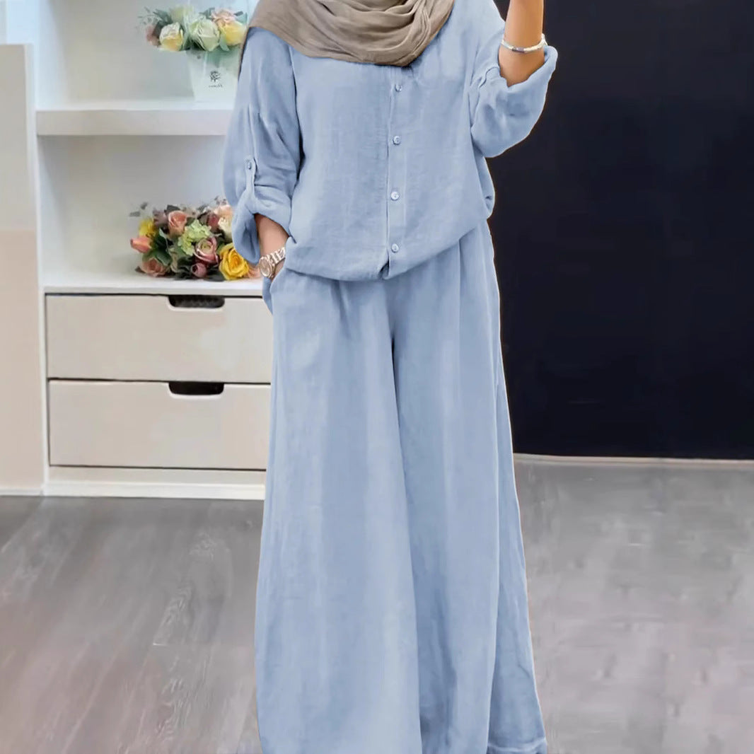 Cotton-linen Solid-color Shirt Set With Loose-fitting Trousers