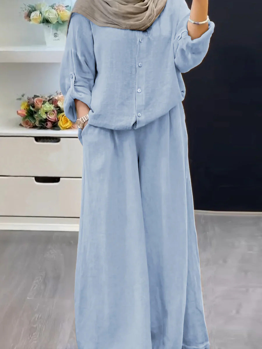 Cotton-linen Solid-color Shirt Set With Loose-fitting Trousers