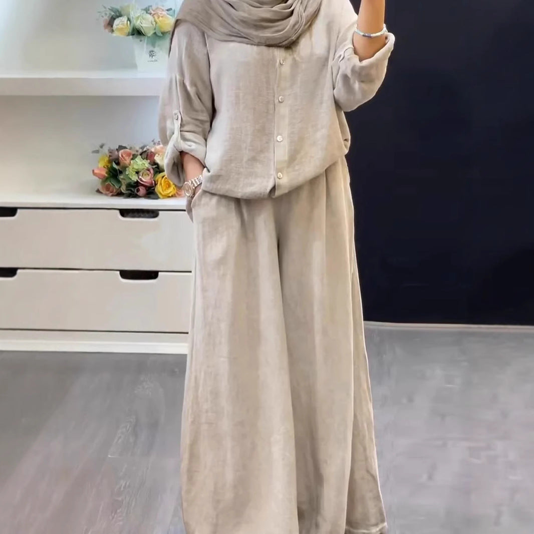 Cotton-linen Solid-color Shirt Set With Loose-fitting Trousers