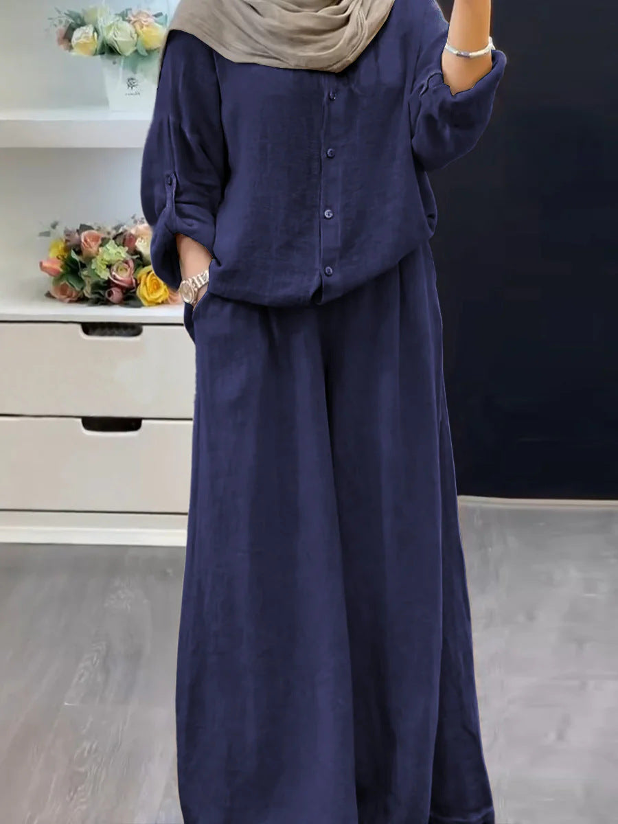 Cotton-linen Solid-color Shirt Set With Loose-fitting Trousers