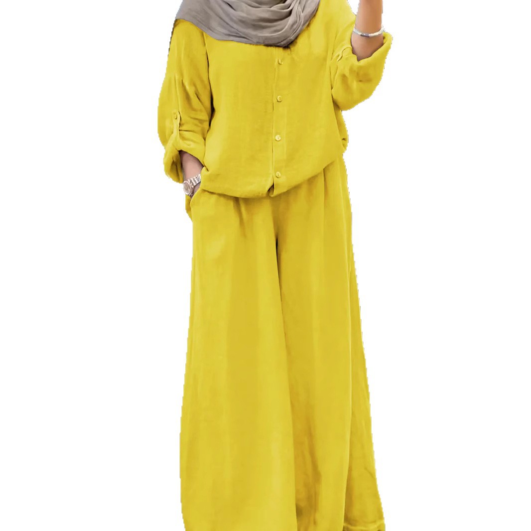 Cotton-linen Solid-color Shirt Set With Loose-fitting Trousers