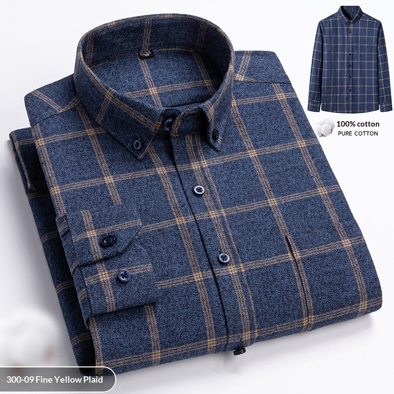 New Fuzzy-Brushed Plaid Mens Shirt Thickened Long-Sleeve Top