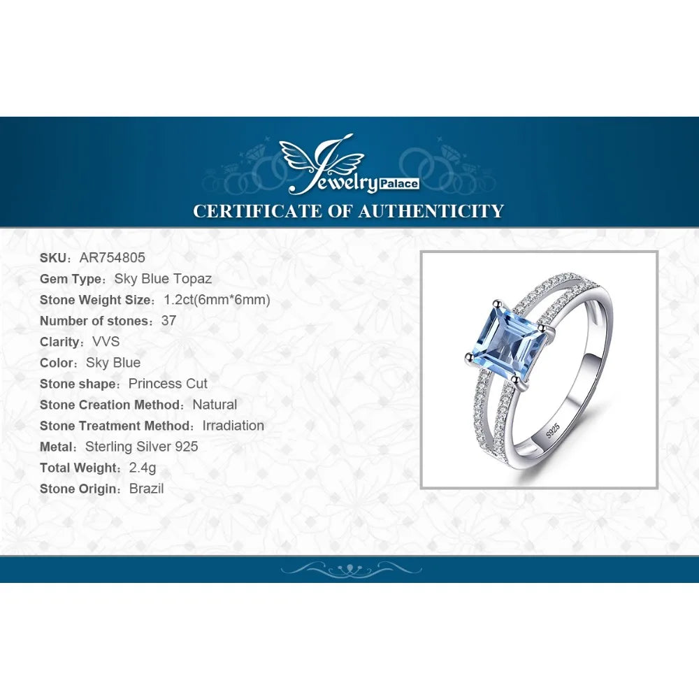 JewelryPalace 1.2ct Princess Cut Sky Blue Topaz 925 Sterling Silver Engagement Ring for Woman Gemstone Fine Jewelry Wedding Gift
