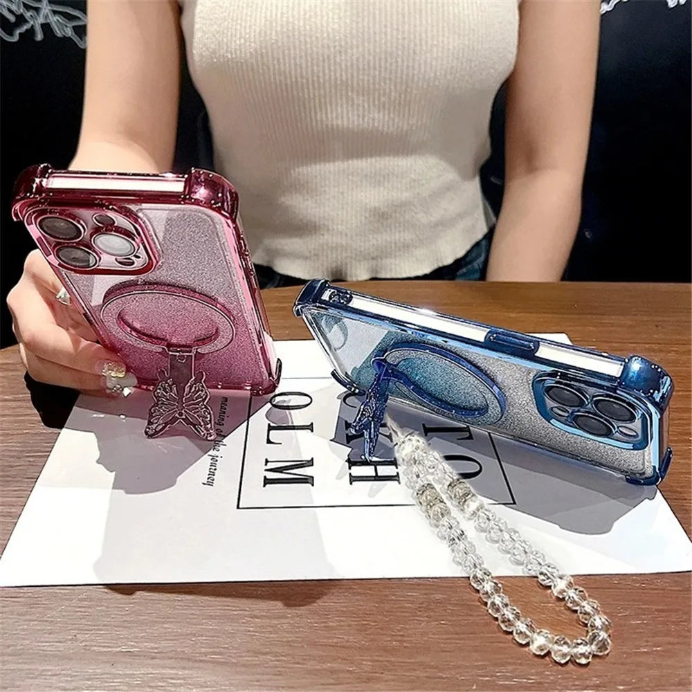 Glitter Butterfly Crystal Bracelet Phone Case For Motorola G14 G24 G34 G52 G54 G84 G86 G56 G10 G20 G82 Shockproof Silicone Cover