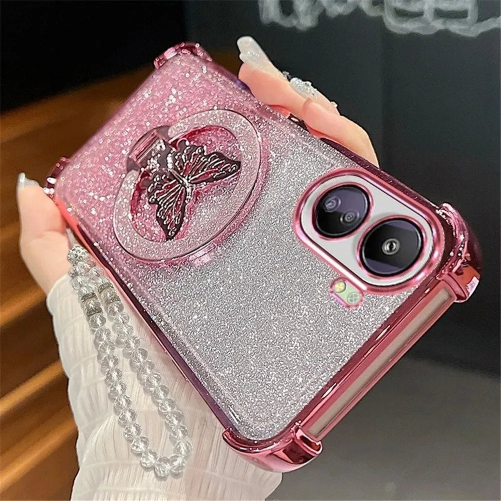 Glitter Butterfly Crystal Bracelet Phone Case For Motorola G14 G24 G34 G52 G54 G84 G86 G56 G10 G20 G82 Shockproof Silicone Cover