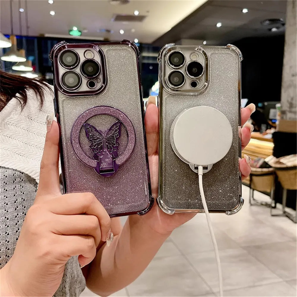 Glitter Butterfly Crystal Bracelet Phone Case For Motorola G14 G24 G34 G52 G54 G84 G86 G56 G10 G20 G82 Shockproof Silicone Cover