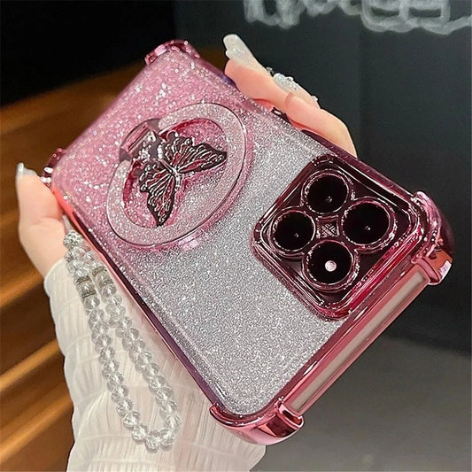Glitter Butterfly Crystal Bracelet Phone Case For Motorola G14 G24 G34 G52 G54 G84 G86 G56 G10 G20 G82 Shockproof Silicone Cover