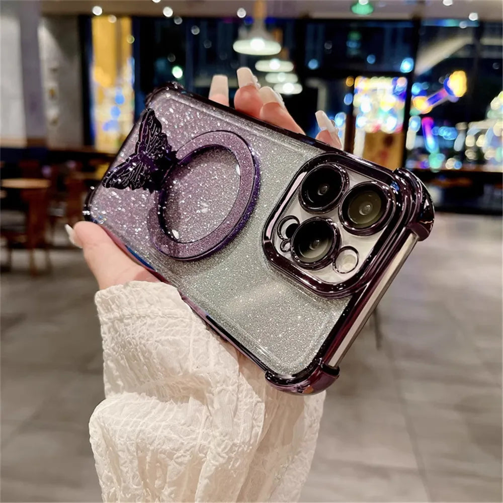 Glitter Butterfly Crystal Bracelet Phone Case For Motorola G14 G24 G34 G52 G54 G84 G86 G56 G10 G20 G82 Shockproof Silicone Cover