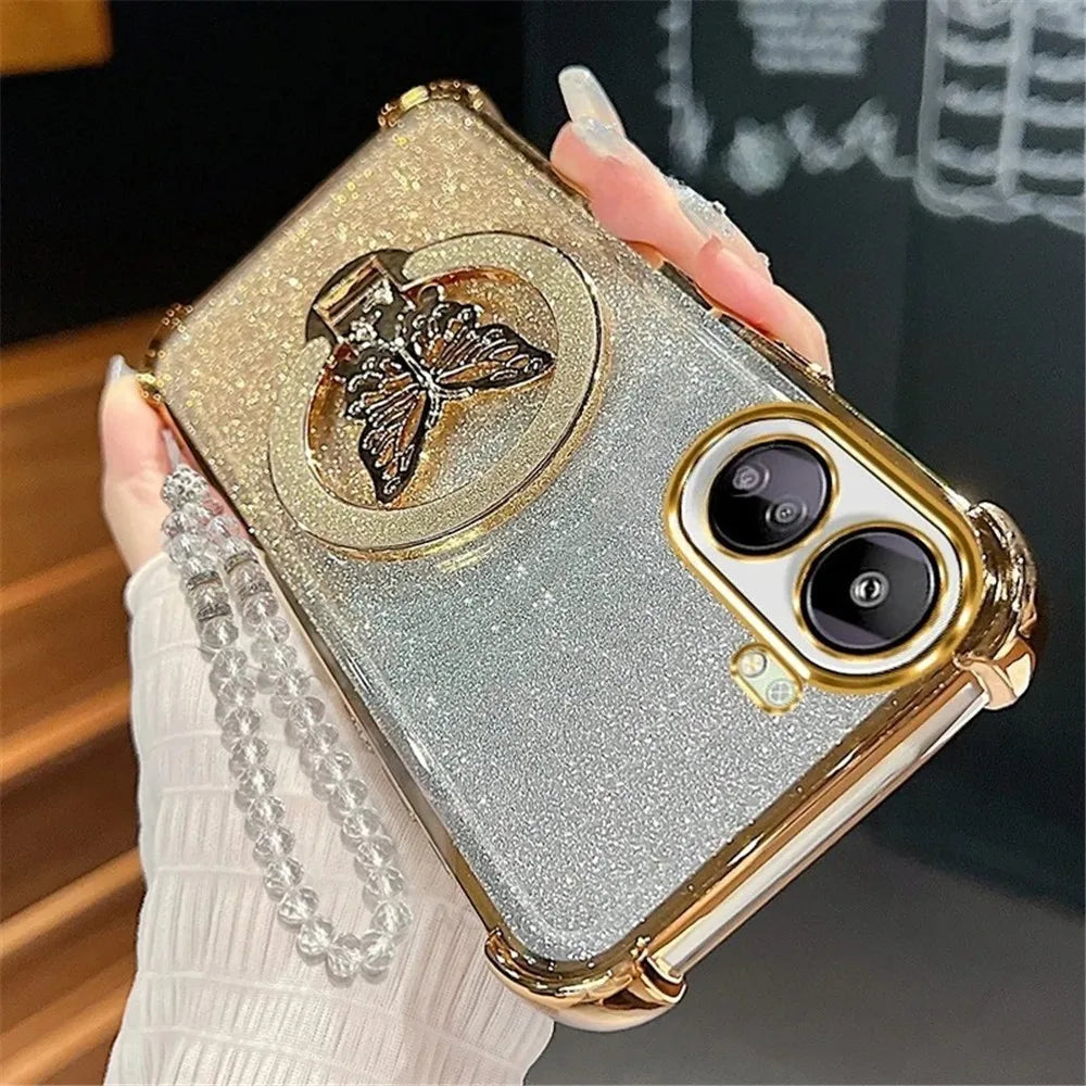 Glitter Butterfly Crystal Bracelet Phone Case For Motorola G14 G24 G34 G52 G54 G84 G86 G56 G10 G20 G82 Shockproof Silicone Cover