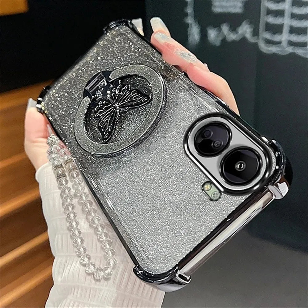 Glitter Butterfly Crystal Bracelet Phone Case For Motorola G14 G24 G34 G52 G54 G84 G86 G56 G10 G20 G82 Shockproof Silicone Cover