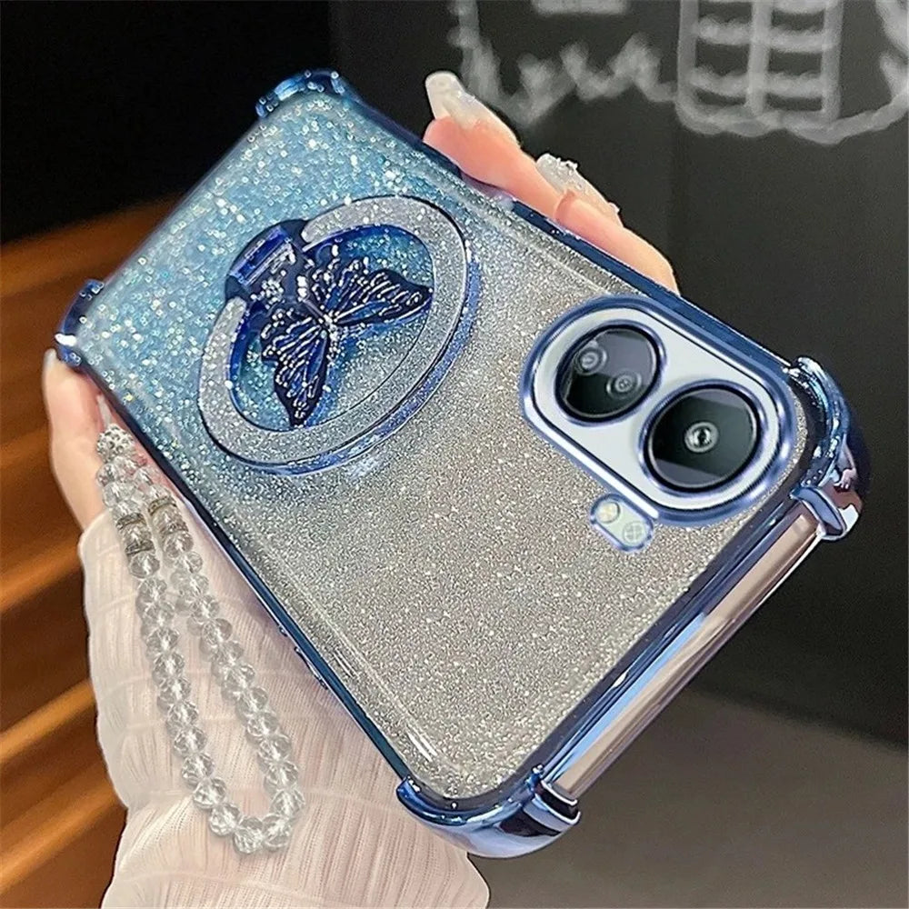 Glitter Butterfly Crystal Bracelet Phone Case For Motorola G14 G24 G34 G52 G54 G84 G86 G56 G10 G20 G82 Shockproof Silicone Cover