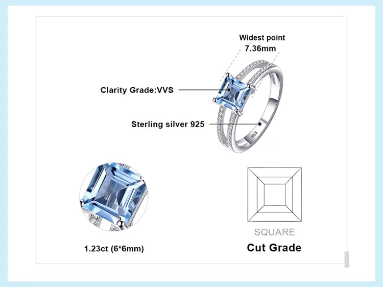 JewelryPalace 1.2ct Princess Cut Sky Blue Topaz 925 Sterling Silver Engagement Ring for Woman Gemstone Fine Jewelry Wedding Gift