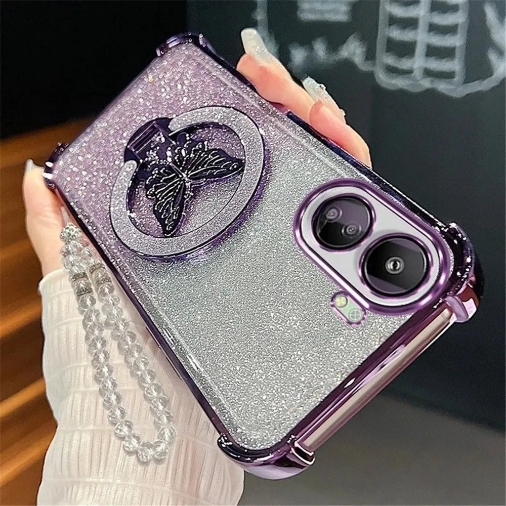 Glitter Butterfly Crystal Bracelet Phone Case For Motorola G14 G24 G34 G52 G54 G84 G86 G56 G10 G20 G82 Shockproof Silicone Cover