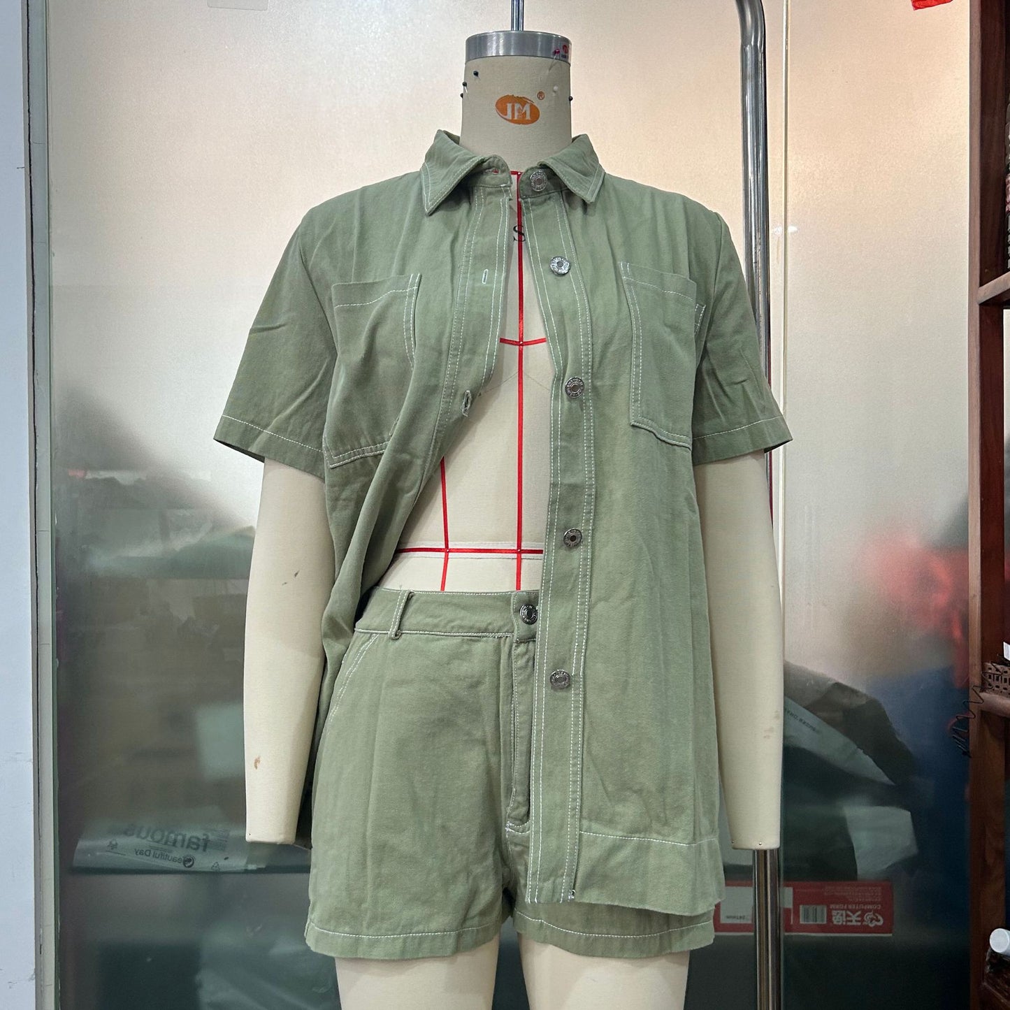 Workwear Long Shirt And Shorts Two-Piece Set
