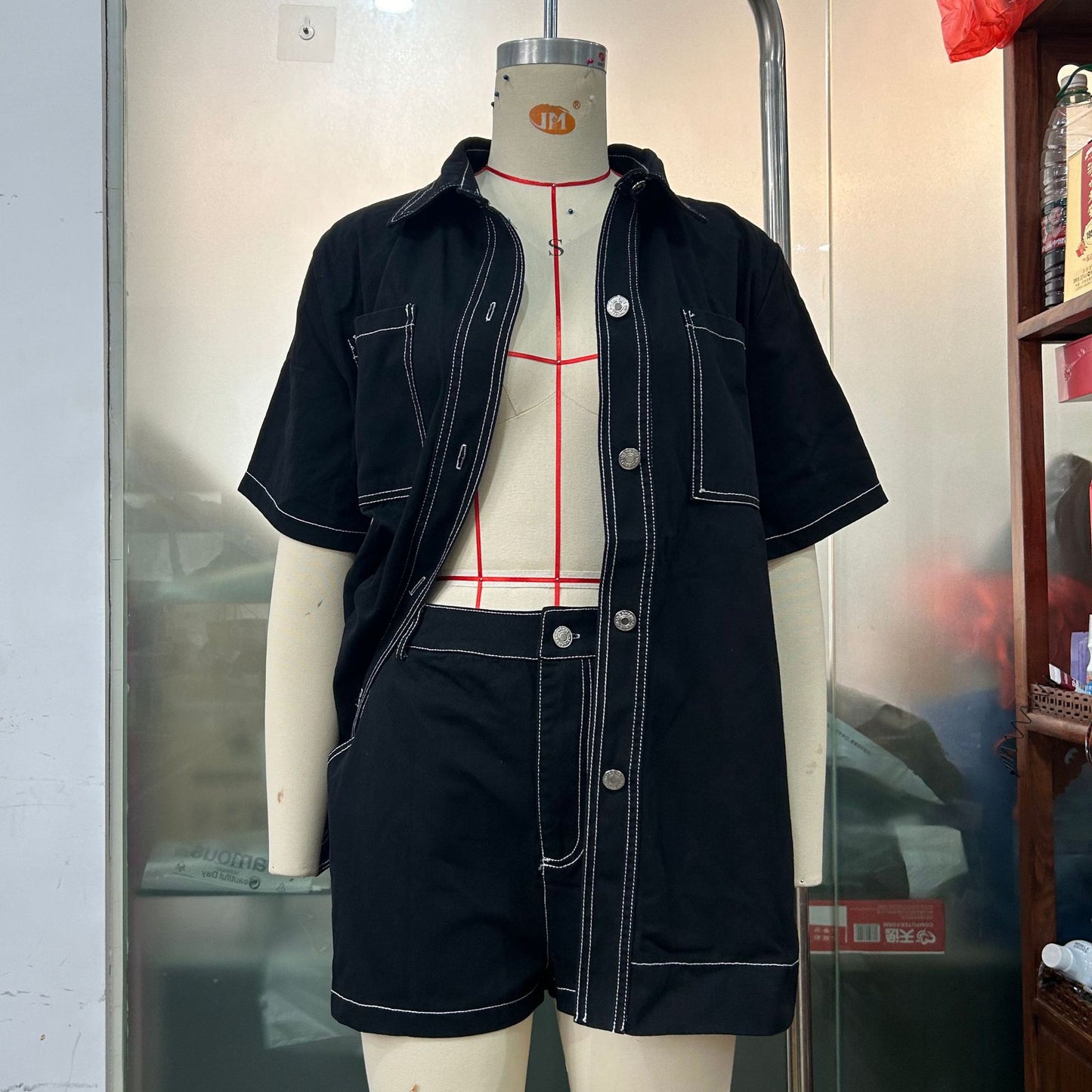 Workwear Long Shirt And Shorts Two-Piece Set