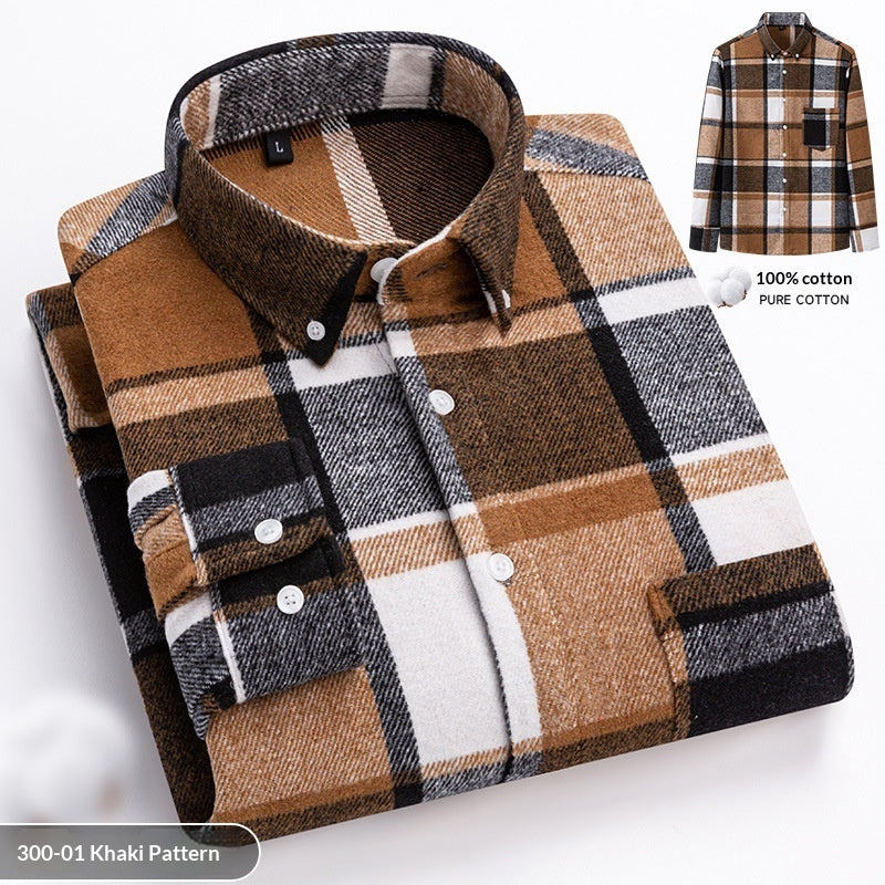New Fuzzy-Brushed Plaid Mens Shirt Thickened Long-Sleeve Top