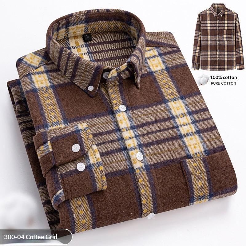 New Fuzzy-Brushed Plaid Mens Shirt Thickened Long-Sleeve Top