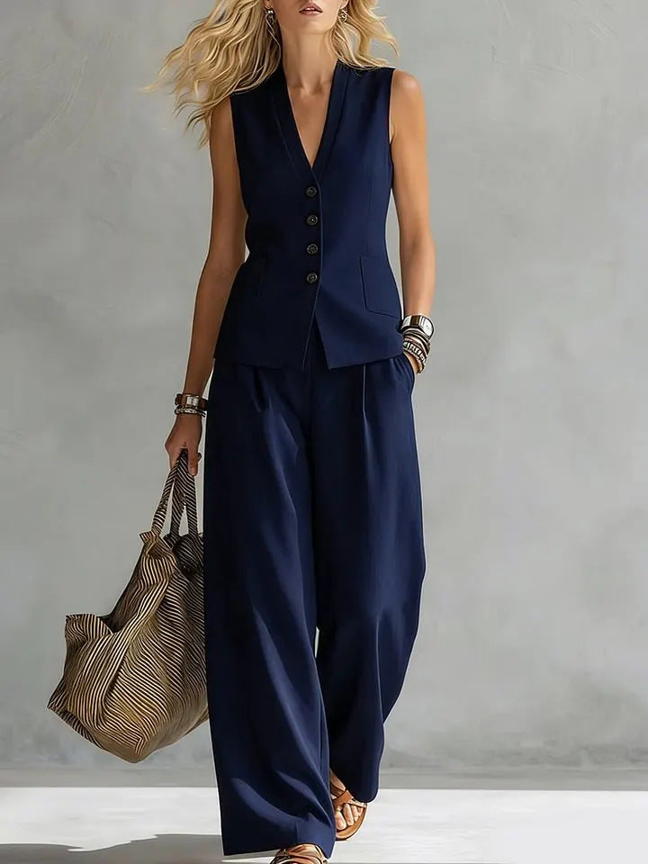 Womens Solid-Colored Sleeveless Casual Linen Tank Top And Pants Set