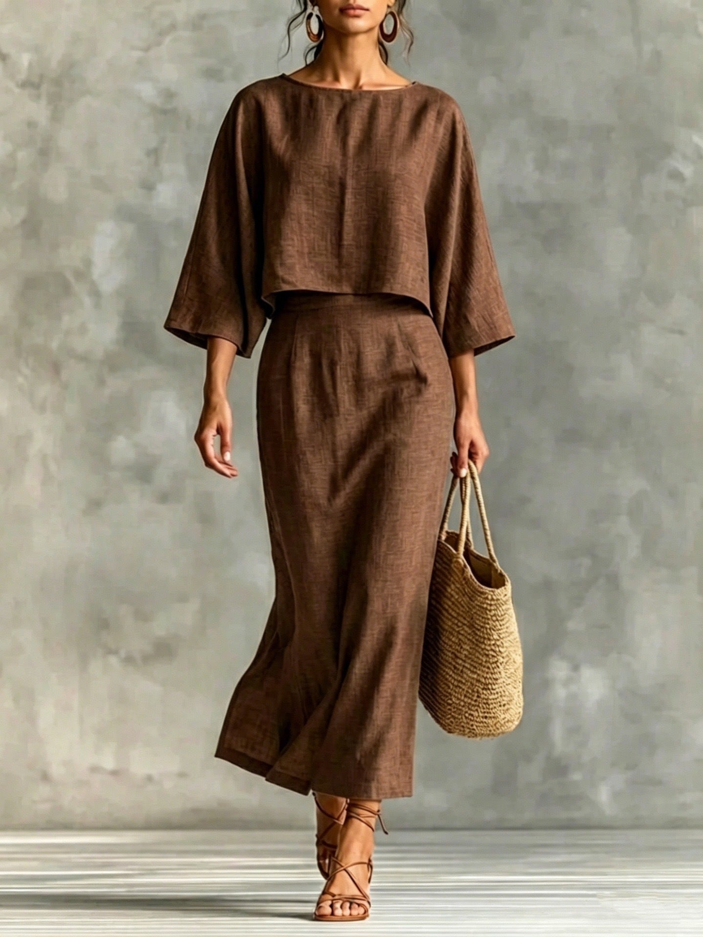 Womens High-Waisted Midi Skirt And Loose Top Set