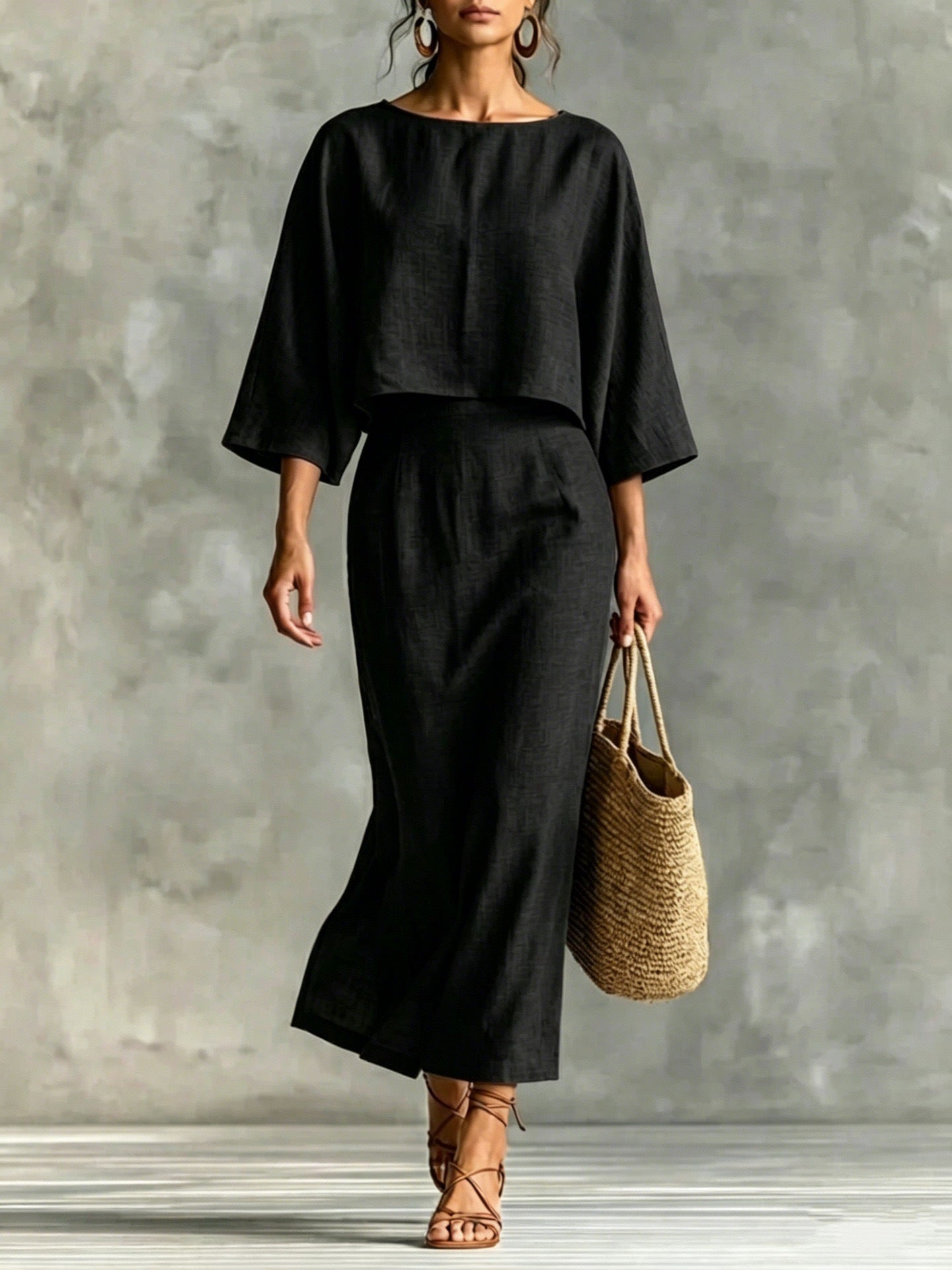 Womens High-Waisted Midi Skirt And Loose Top Set